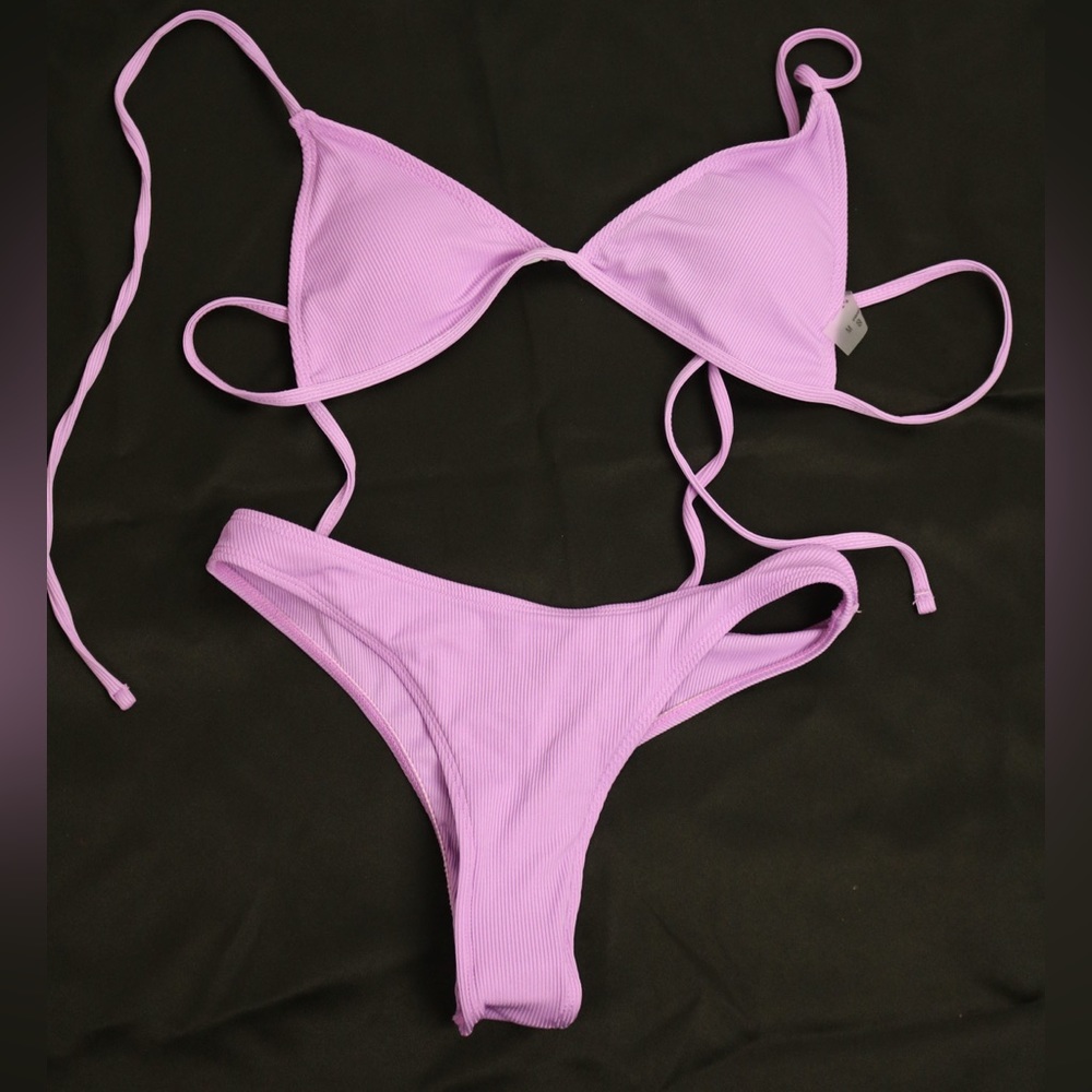 Rib Triangle Halter Bikini Swimsuit